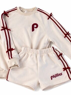 Cream & Maroon Lounge Set with Phillies Logo. Women’s Sweatshirt & Shorts